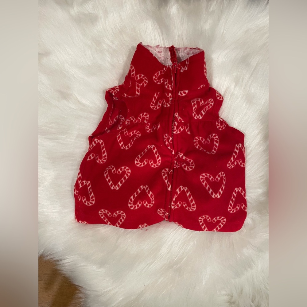Girls infant 6 momths fuzzy fleece vest candy cane hearts zipper red white cozy